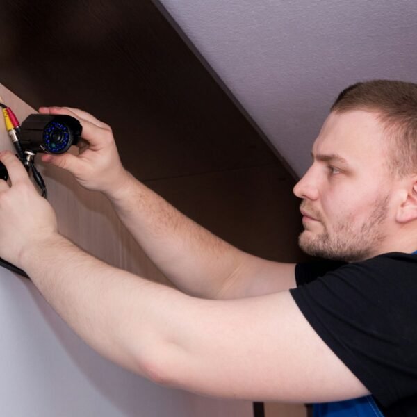 Un employé d'Ax-IT installant une caméra de vidéo surveillance